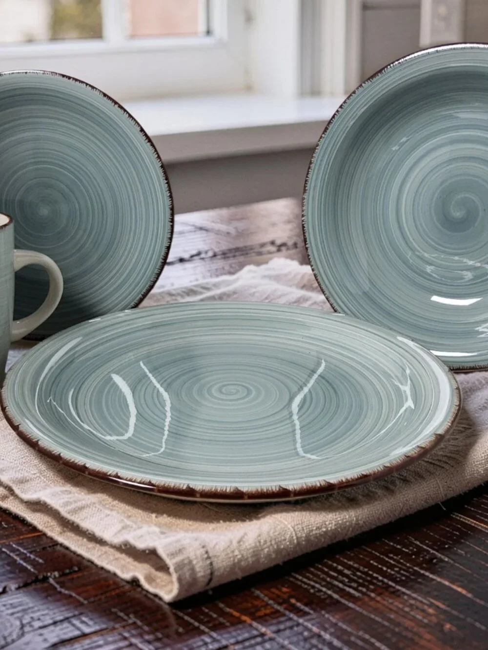 Vintage Royal Norfolk 1980s aqua swirl pattern Brown Edges 4pc. setting ceramic